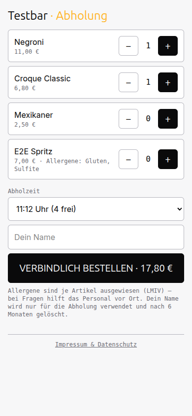 Gast-Bestellseite mit Karte, Allergenen, Abholzeit-Slots und Bestell-Button
