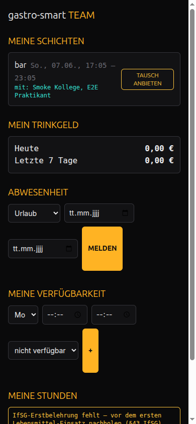 Team-PWA: meine Schichten, Trinkgeld-Konto, Abwesenheit und Verfügbarkeit